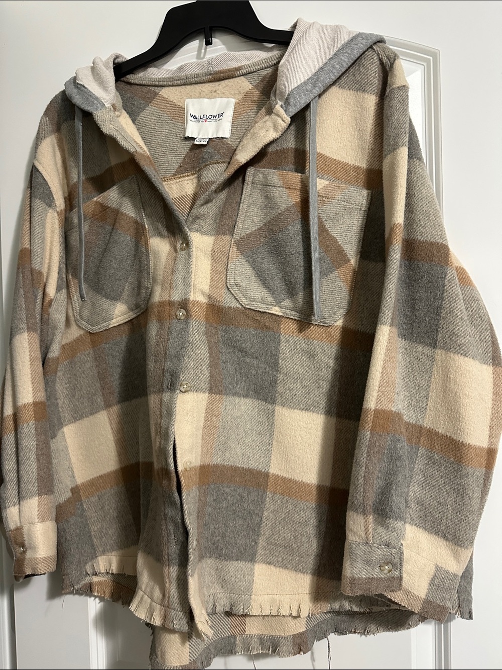 Wallflower Hooded Plaid Shacket - Cream, Gray & Brown